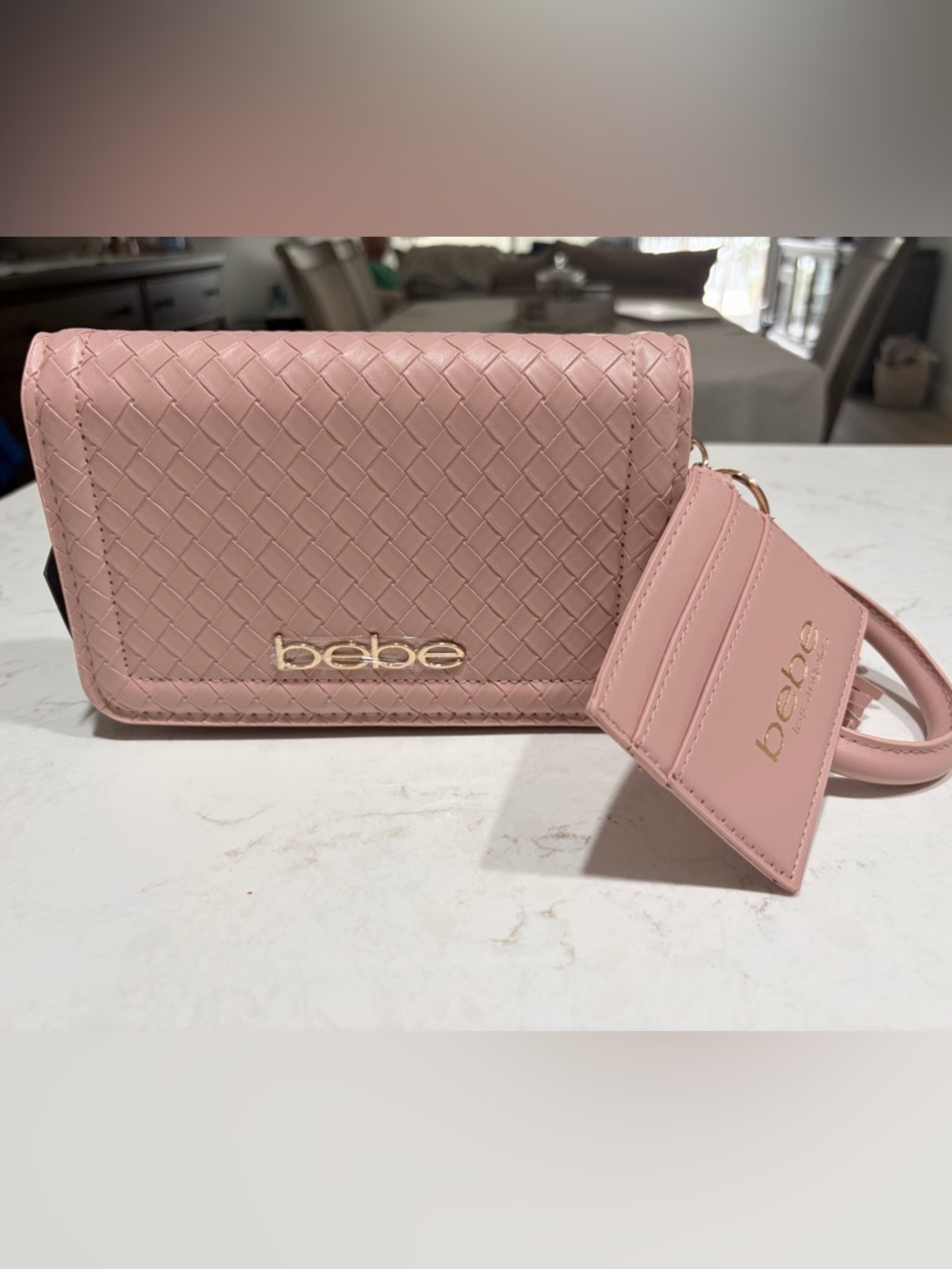 bebe Woven Blush Pink Wristlet Crossbody with card holder NWT
